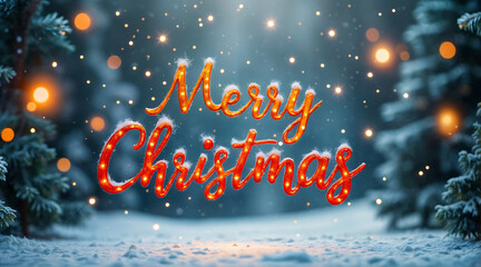 A Christmas-themed background, with the words "Merry Christmas" overlayed across a snowy landscape with pine trees and fireflies.