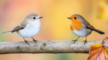 Two charming birds perched on a branch, surrounded by a soft, colorful background, This image is perfect for nature publications, educational materials, or as decor for home and office settings,
