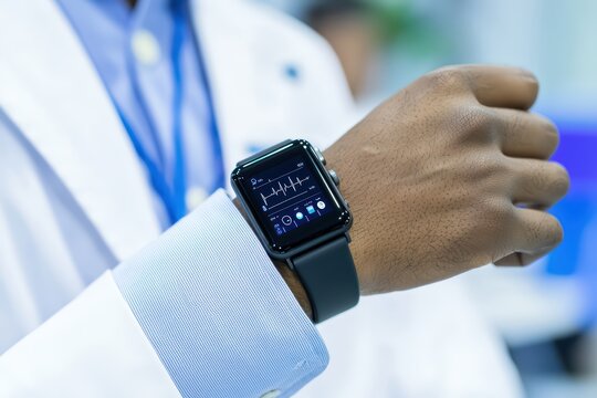Close-up of a smartwatch displaying health metrics on a professional's wrist.