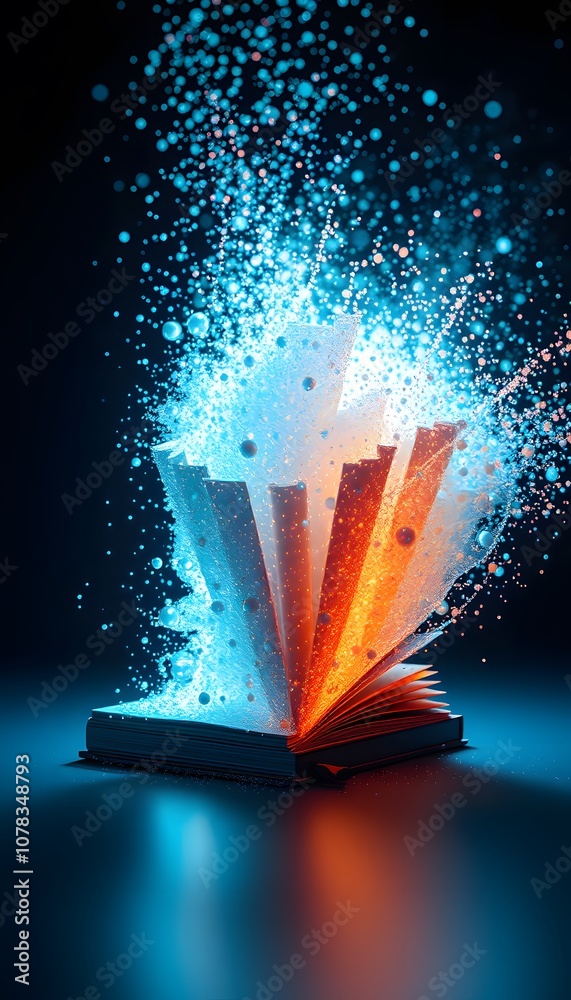 Poster A Dynamic Representation of a Book Dissolving into Glowing Particles, Perfect for Illustrating the Concept of Knowledge Transformation