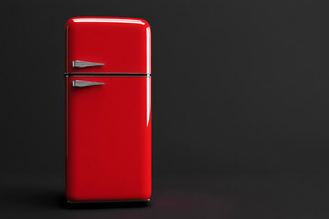 Bright red vintage retro refrigerator on a black background