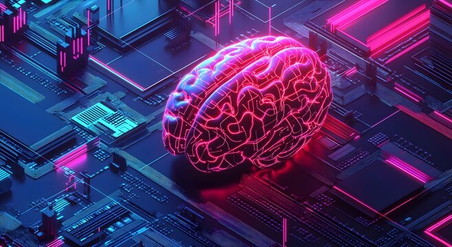 A digital brain made of bright neon pink and blue circuitry, surrounded by an array of tiny red lights that represent data flowing through a neural network. A futuristic highlights the technology.