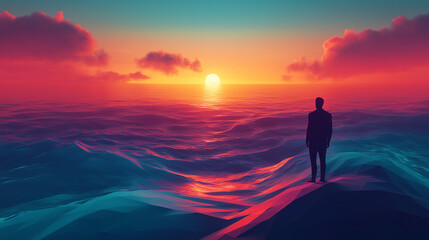 Obraz premium Silhouette Overlooking Abstract Ocean with Sunset and Bold Colors