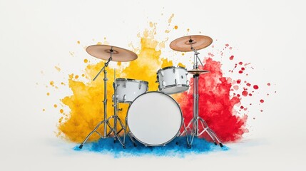 Colorful drum set with splashes of paint on a white background, perfect for music themes.