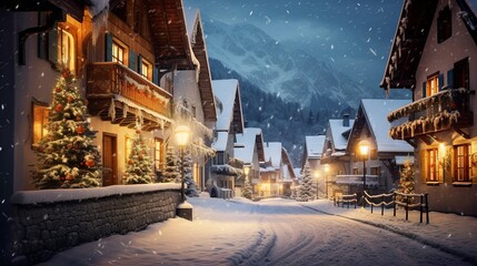 Fototapeta premium A cozy snowy mountain town is preparing to welcome Christmas. The fairy-tale street is decorated for the New Year. Christmas travel concept.