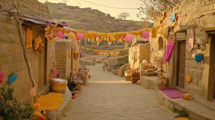 Fototapeta premium A vibrant street decorated with colorful garlands and flowers, showcasing a festive atmosphere.