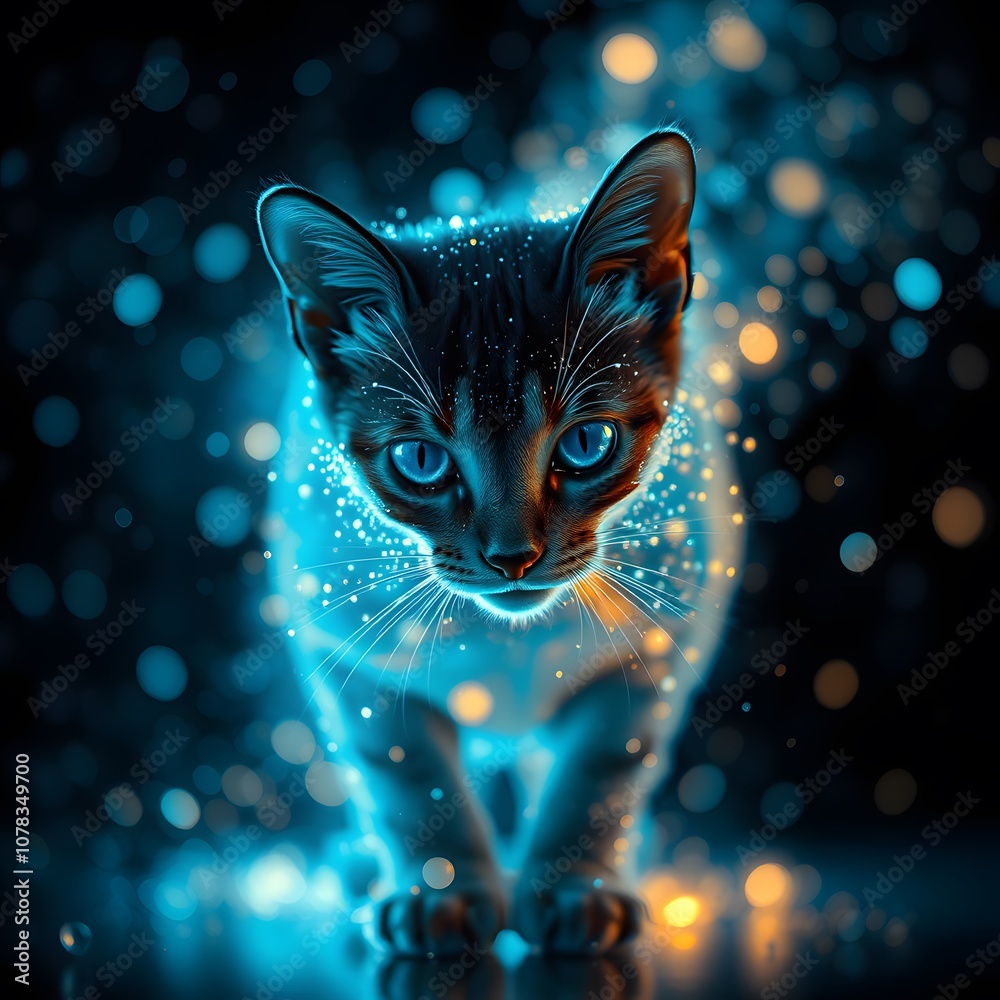 Poster A Captivating Visual of a Vigorous Cat Dissolving into Particles with Glowing Effects to Convey Movement and Energy