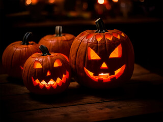 Fototapeta premium horror, spooky, halloween pumpkin jack o lantern on a wooden stage with dark background and creepy evil smile and glowing eyes