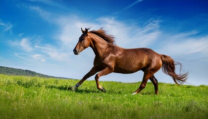 Fototapeta premium A majestic horse gallops freely through a vibrant green meadow under a clear blue sky, embodying energy, freedom, and the beauty of nature in motion.