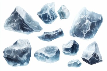Fototapeta premium Various blue ice chunks isolated.