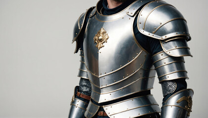 Fototapeta premium A close-up view of a knight's silver armor, showcasing intricate details and a gold emblem