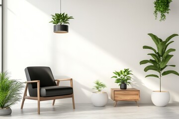 Fototapeta premium Serene Minimalist Nordic Living Room with Modern Aesthetics and Tranquil Greenery