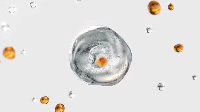 Clear cosmetic serum with liquid bubbles in a 3D abstract background. Hydrating essence gel enriched with collagen molecules. Moisturizing cream or oil for advanced skincare, beauty, and skin health.