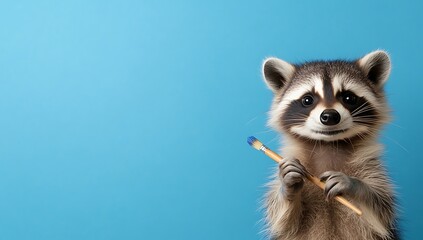 Obraz premium A raccoon holds a paintbrush in front of a blue background.