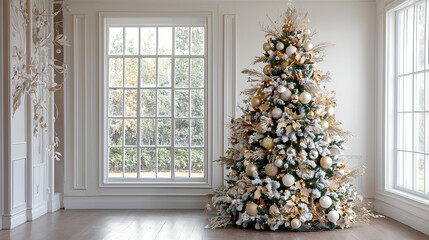 A large Christmas tree with the best accessories in the house stands in front of a bright white wall