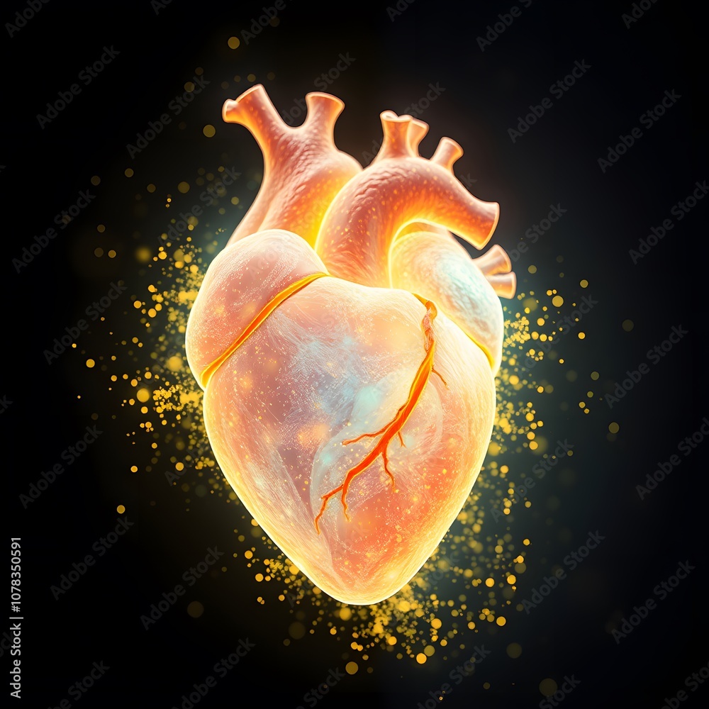 Poster A Mesmerizing Visualization of a Vigorous Heart Dissolving and Disappearing into Particles with Glowing Effects, Ideal for Creative Projects and Health-Related Content