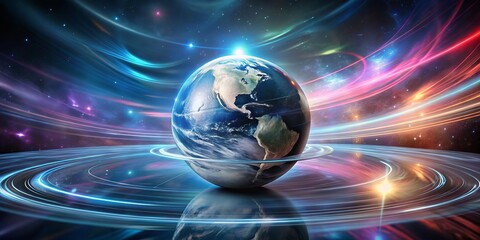 Obraz premium Majestic Silver Globe Against Swirling Nebulae: A Long Exposure Capture of Global Reach and Interconnectedness in the Vastness of Possibilities