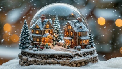 Naklejka premium Snowy Village in a Globe, whimsical snow globe featuring a quaint winter village with tiny houses, frosted trees, and gently falling snow.