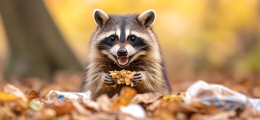 A raccoon sits amidst fallen leaves and plastic trash, looking directly at the viewer while holding a piece of food in its paws.