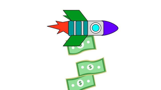 A rocket launching with dollar bills flying behind it. Cartoon animation. Financial growth and prosperity. Alpha channel. Seamless looping.