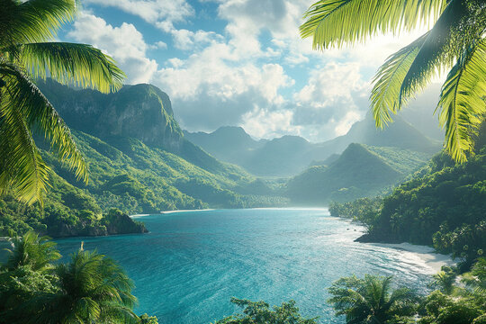 View from behind a palm tree to a beautiful sandy beach with palm trees and turquoise sea. Summer vacation. Concept of a paradise vacation on tropical islands. - Powered by Adobe