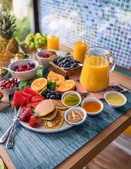 Gourmet Breakfast Buffet With Freshly Squeezed Juices, Seasonal Fruits, Vegan Pancakes, and a Selection of Condiments and Garnishes for a Healthy Morning Meal