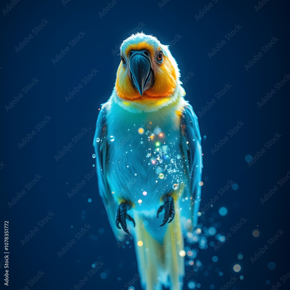 Poster a vibrant parrot dissolving into particles with glowing effects, symbolizing transition and transfor