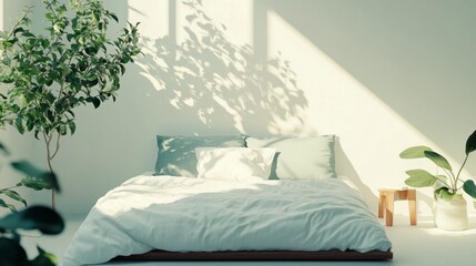 A white bed with a green plant in the corner