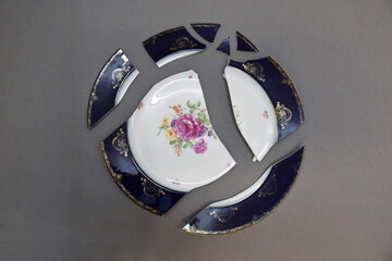 A close-up of a broken porcelain plate, each fragment uniquely shaped with delicate edges, evoking a sense of lost beauty and fragility. Destroyed object with floral decoration and blue rim.