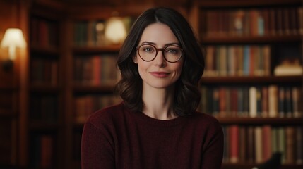 Confident female politician in library setting for leadership and inspiration themes
