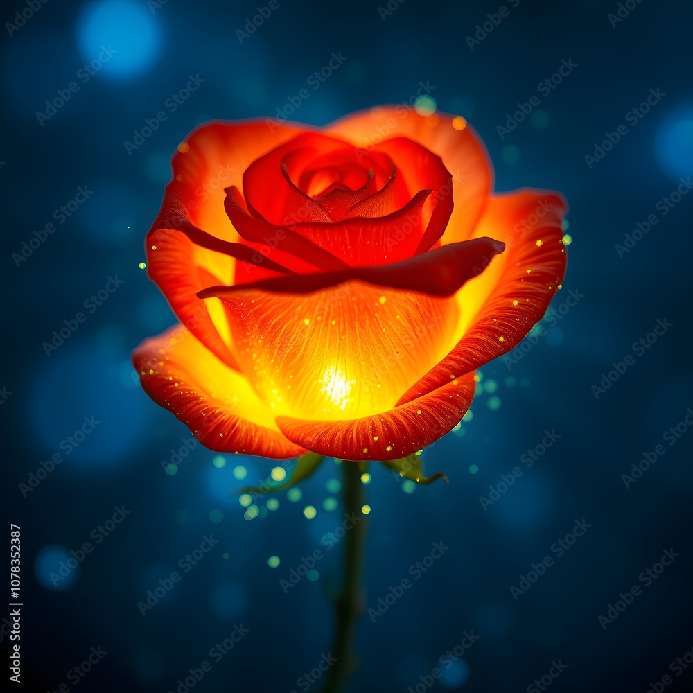 Poster a vibrant rose dissolving into glowing particles, symbolizing transience and beauty in art and desig