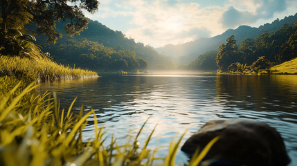 Peaceful river flowing through a green valley, forested hills in the distance, and a clear area of water or sky for copy space.