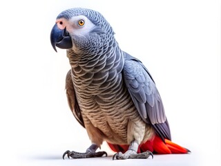 Obraz premium Stunning African Grey Parrot on White Background with Ample Copy Space for Creative Design and Marketing Needs, Ideal for Bird Enthusiasts and Nature Lovers Alike
