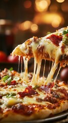 A mouthwatering slice of pizza is pulled away, revealing melting cheese and a medley of toppings. The warm ambiance enhances the appetizing presentation, inviting enjoyment