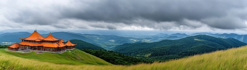 Fototapeta premium Panoramic view of a temple on a hillside surrounded by mountains and cloudy skies.