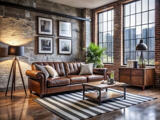 Stylish Loft Industrial Apartment Featuring a Brown Sofa, Black Stripes Commode, Coffee Table, Grey Rug, and Elegant Lamp with Mock Up Poster in a Contemporary Living Space
