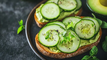 Two slices of avocado toast topped with cucumber slices, herbs and pepper.