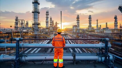 A worker in safety gear observes an industrial facility at sunset, with tall pipes and infrastructure visible.
