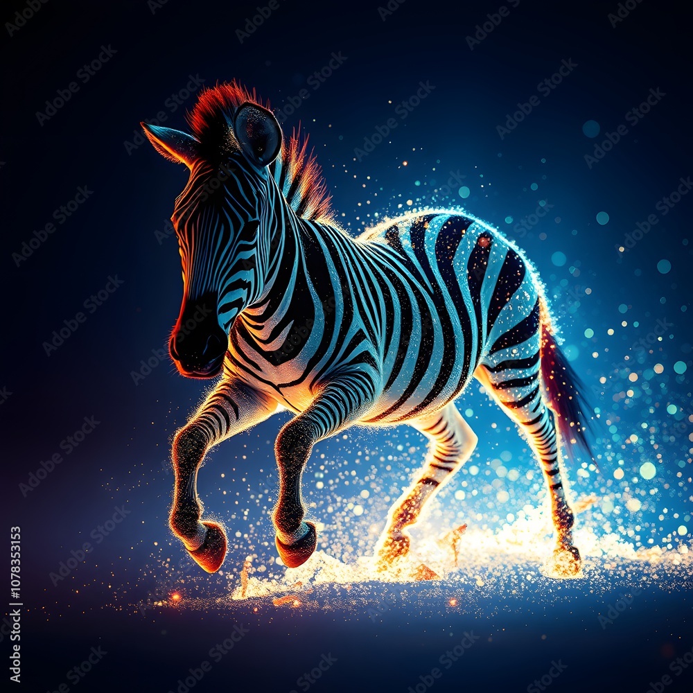 Poster A Vibrant Zebra Transforming Into Particles with Glowing Effects for Creative Visuals and Abstract Art Projects