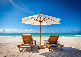 Obraz premium Two Empty Wooden Lounge Chairs Under White Parasols on a Sunny Beach, Ideal for Relaxation by the Ocean with Calm Waves and Clear Blue Skies, Minimalist Photography