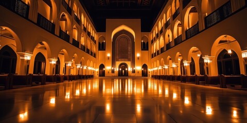 Fototapeta premium A serene architectural interior with warm lighting and reflective floors.