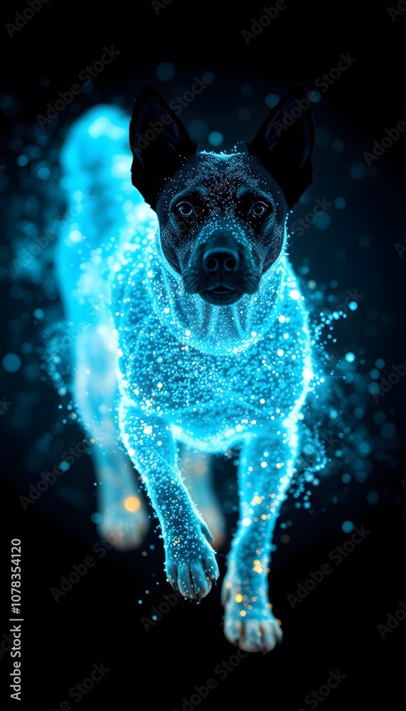 Poster a dynamic and energetic dog disappearing in glowing particles: a stunning representation of motion a