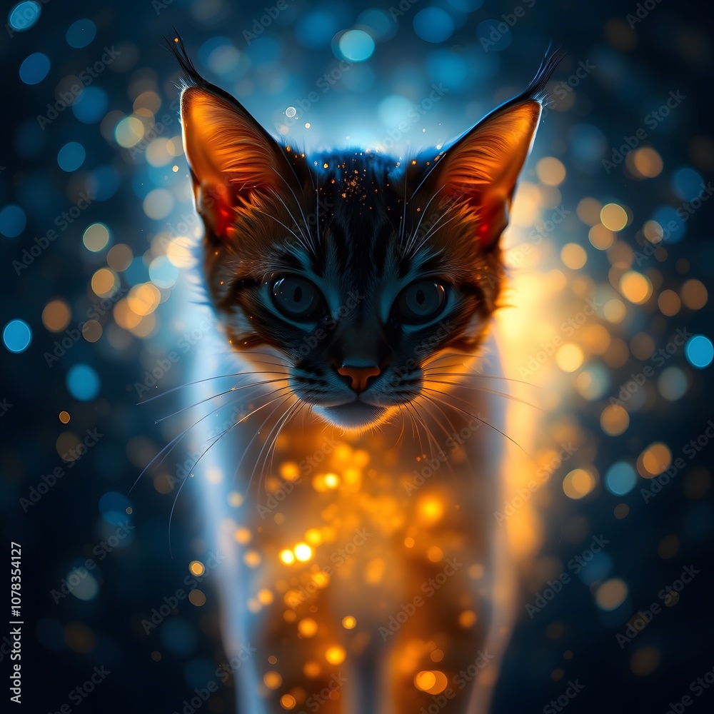 Poster A Vivid Representation of a Cat Disintegrating into Glowing Particles, Perfect for Showcasing the Transition from Reality to Fantasy