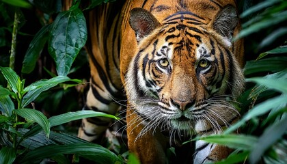 Fototapeta premium A majestic tiger prowls through dense jungle foliage, camouflaged in the shadows.
