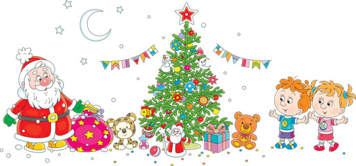 Happy little girl and boy suddenly meeting Santa Claus with his magical bag full of holiday gifts near a festively decorated Christmas tree, vector cartoon illustration on white