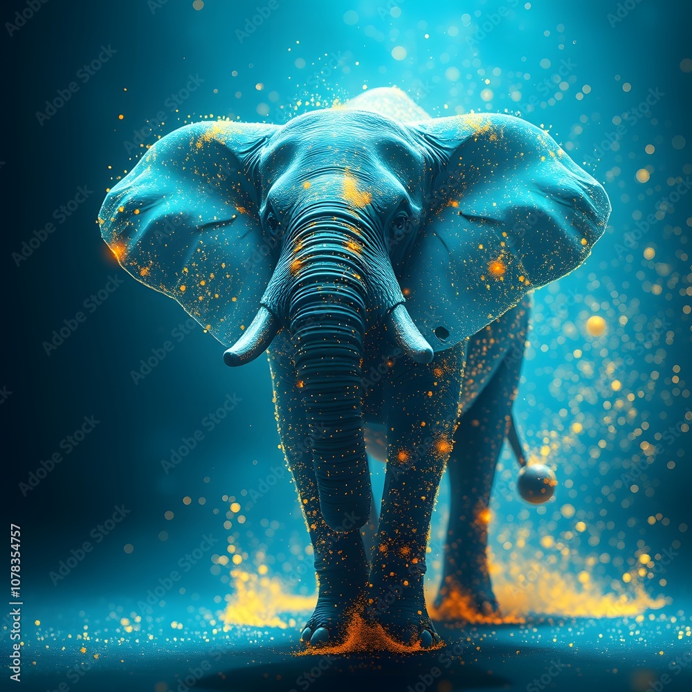 Poster A Captivating Representation of an Elephant Dissolving into Particles with Glowing Effects, Ideal for Artistic and Conceptual Projects