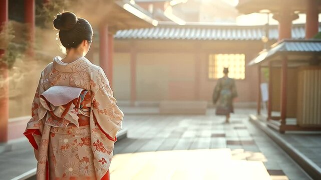 Japanese Woman in Kimono Walking Historic Street of Ancient Japan