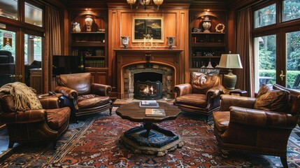 Living room with artificial fireplace, leather chairs and rug.