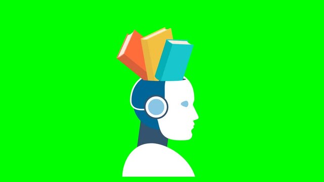 Improvement, self-development of AI. A giant robot head with books inside. Supervised machine learning algorithm, artificial intelligence, training data. Education. 2d flat animation. Alpha channel