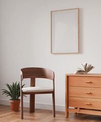 Frame mockup, interior frame, poster wood frame element and living room in empty picture interior vertical, wooden floor There in illustration 3d render